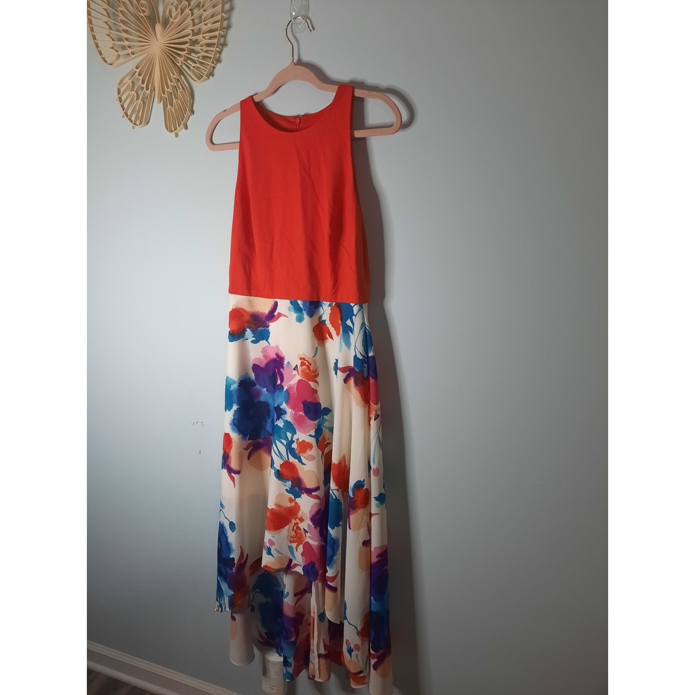 Vince Camuto Floral High-Low Maxi Dress Coral Red Blue Size 8 Sleeveless Wedding